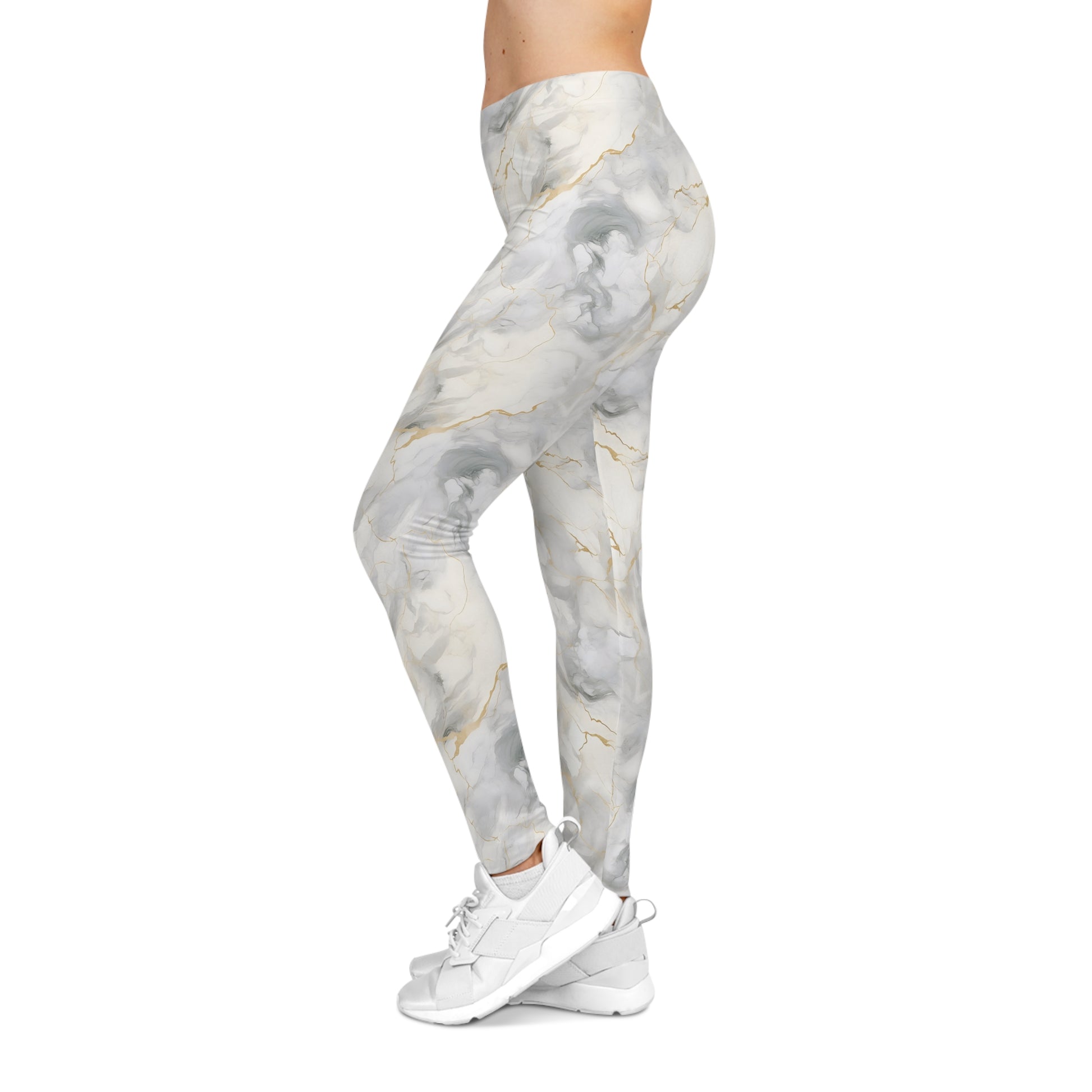 White and Gold Marble Leggings Left