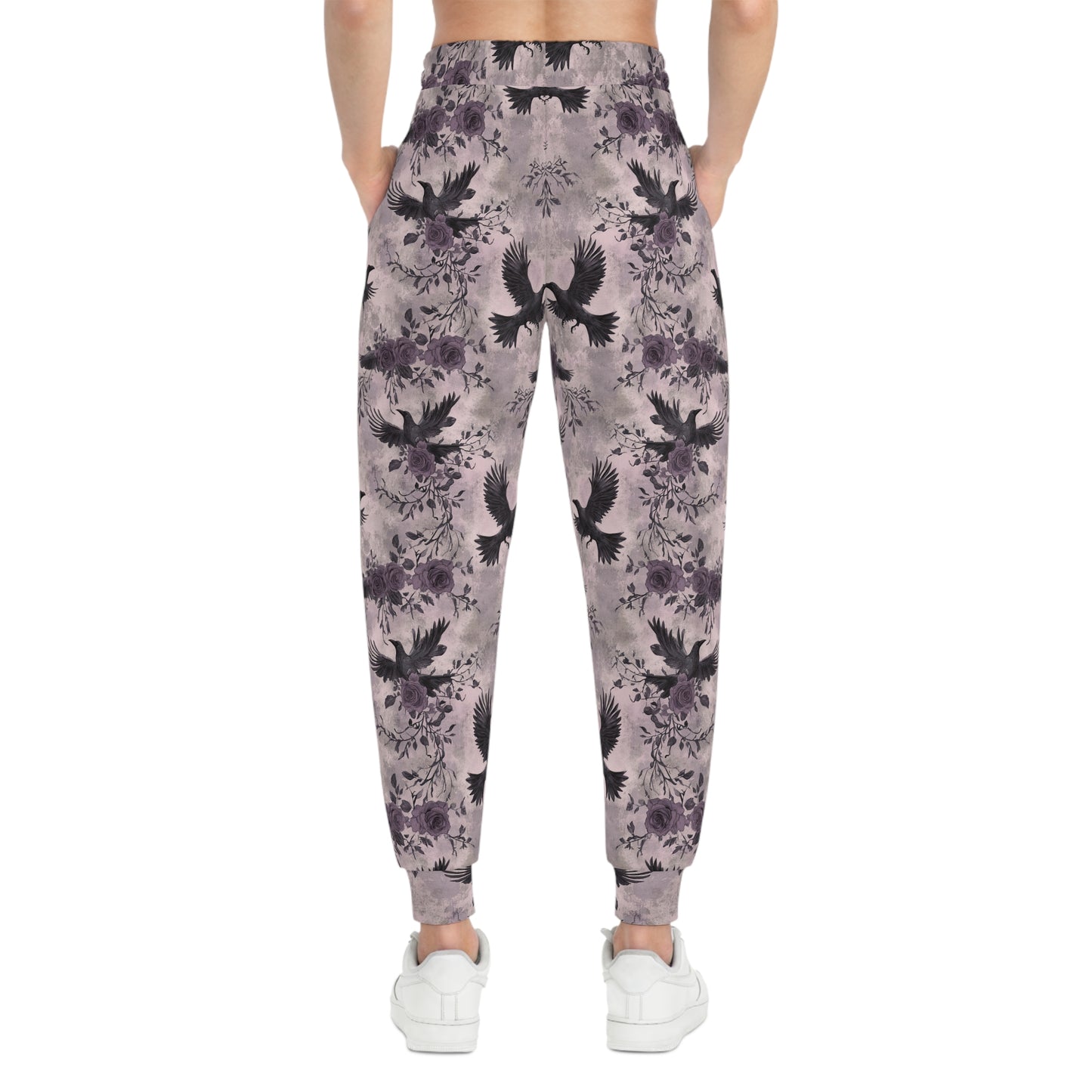 Light Purple Gothic Joggers with Flying Crows Design Woman Back