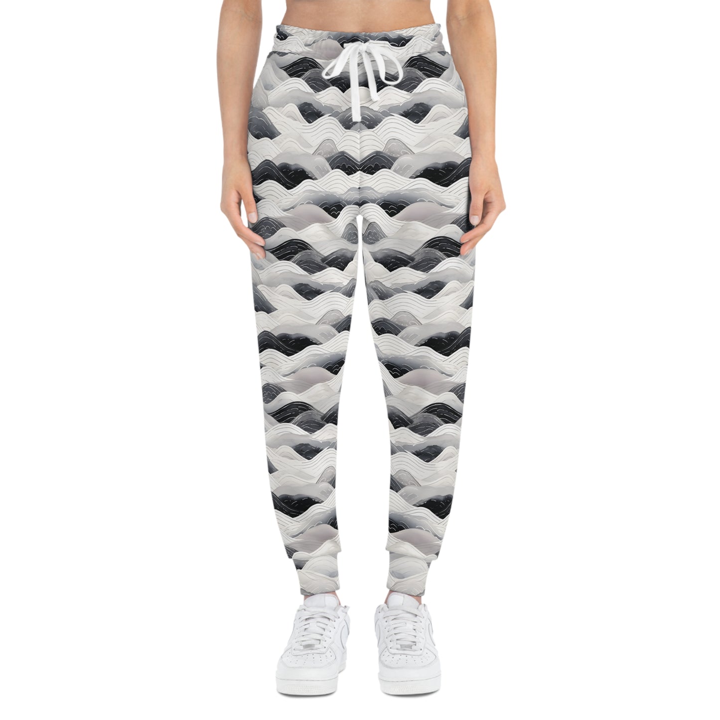 Black and White Joggers with Ocean Waves Pattern Woman Front