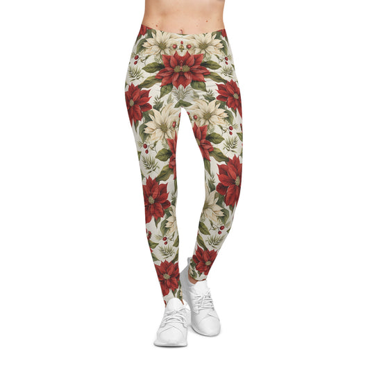 Leggings with Red and White Floral Design Front