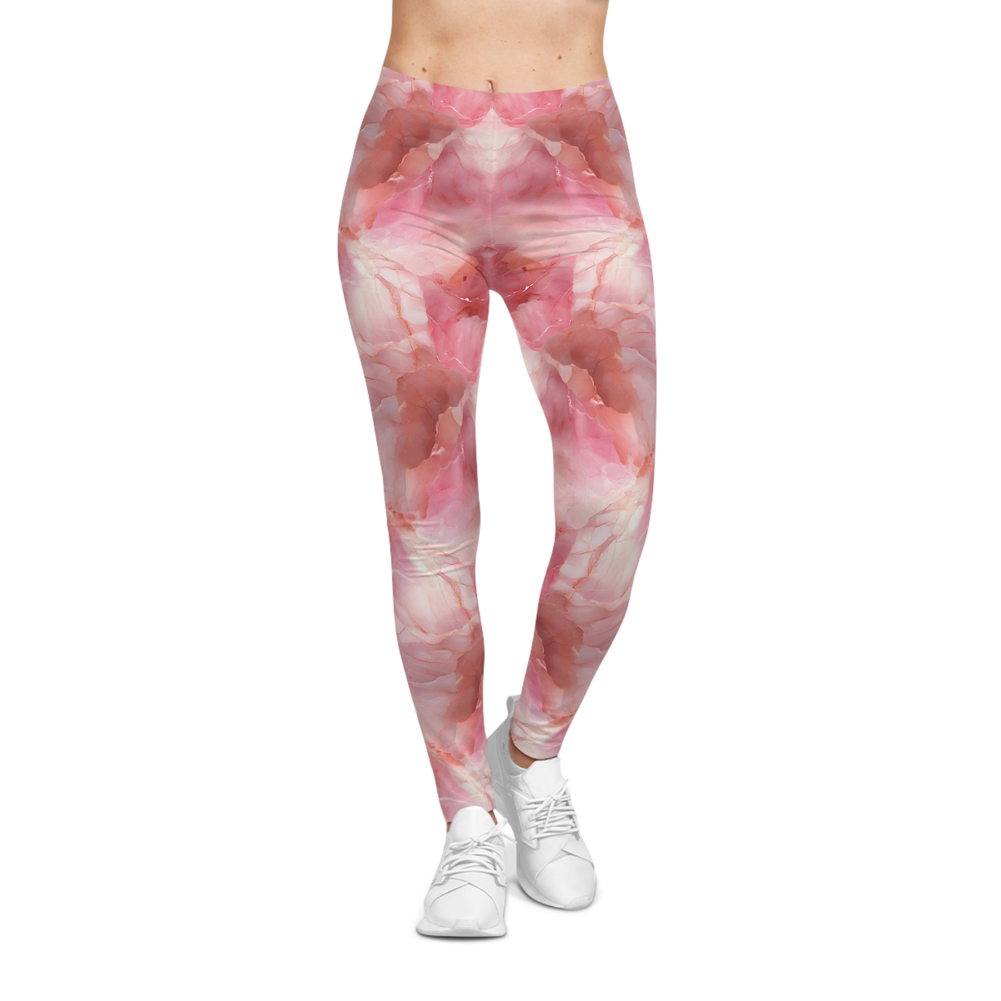 Pink and White Colored Marble Leggings Front