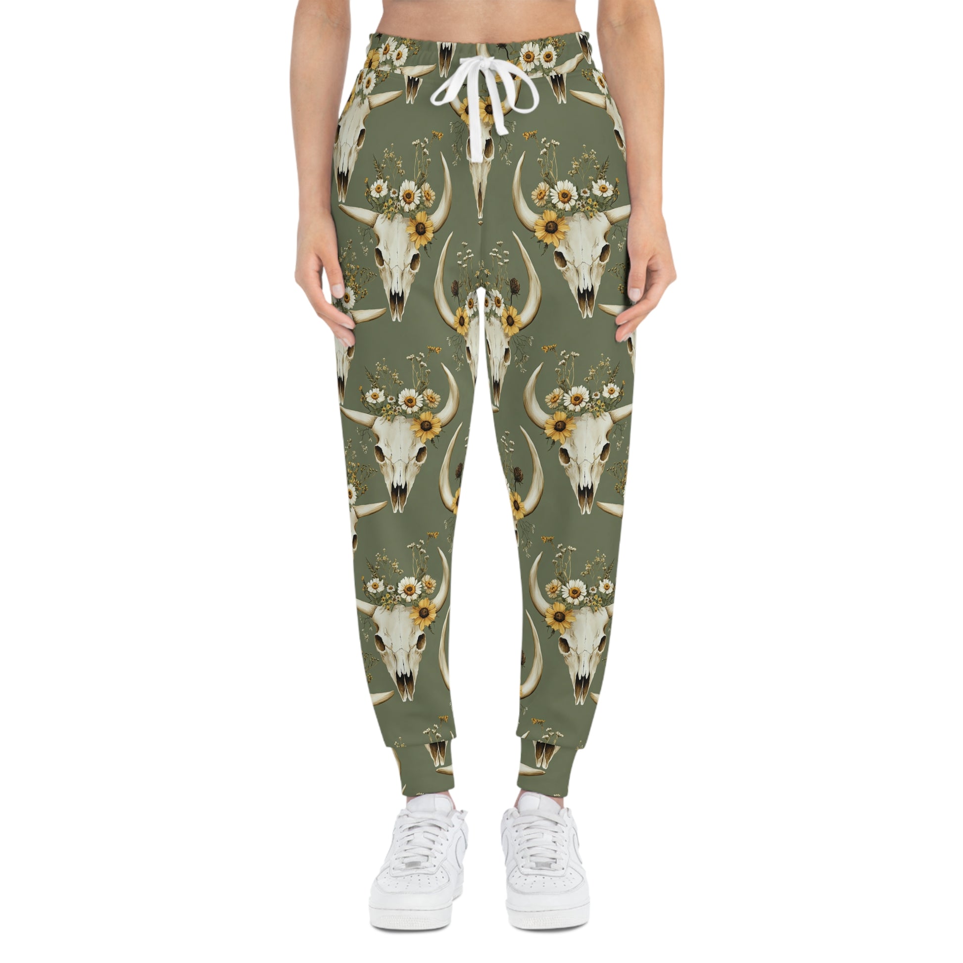 Khaki Green Joggers with Flower-Decorated Bull Skull Woman Front