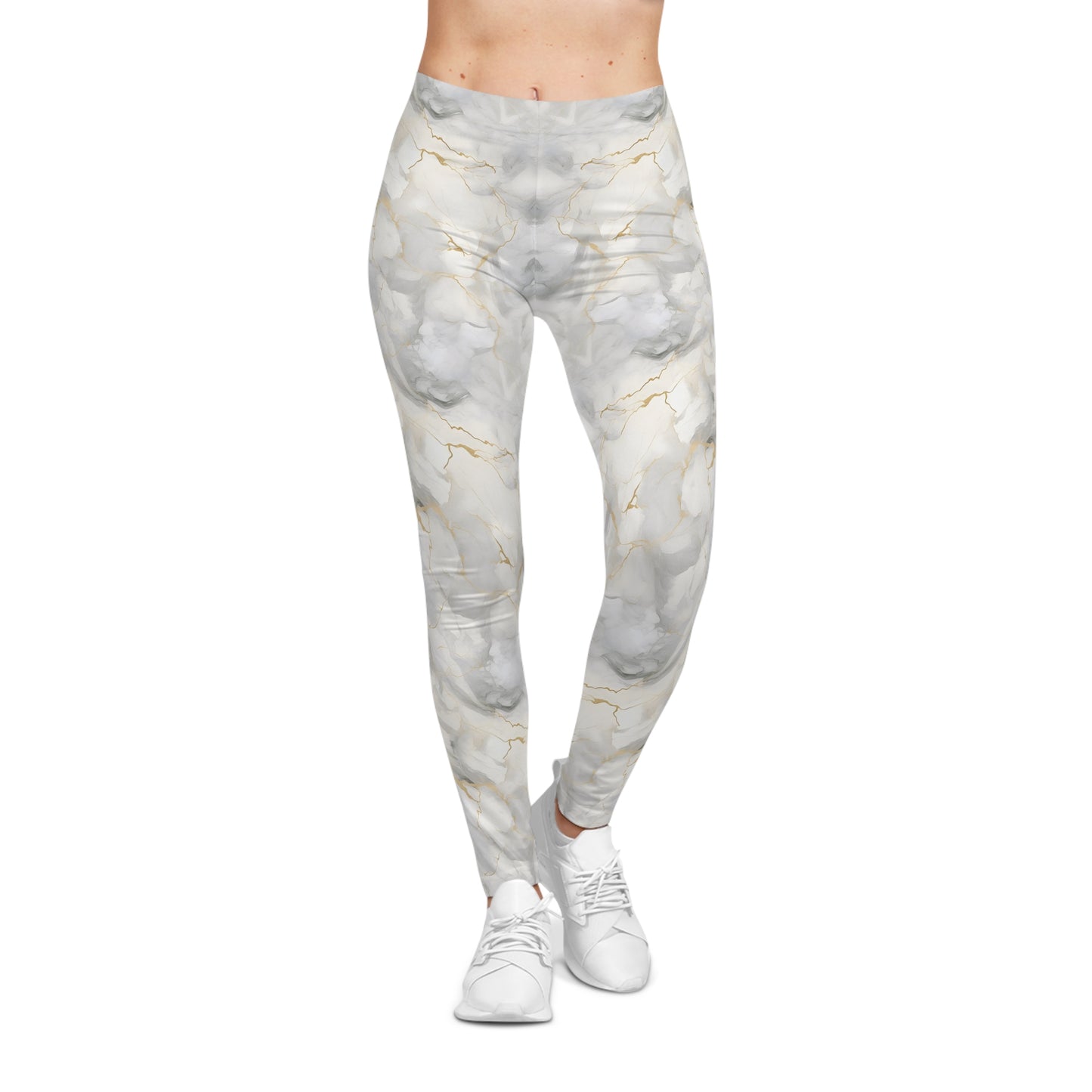 White and Gold Marble Leggings Front