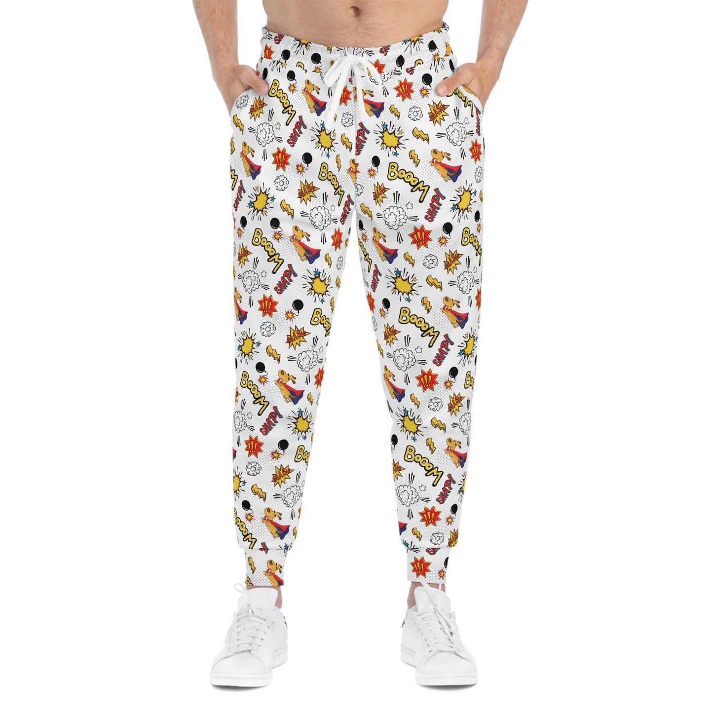 White Joggers with Comic Book Effects Man Front