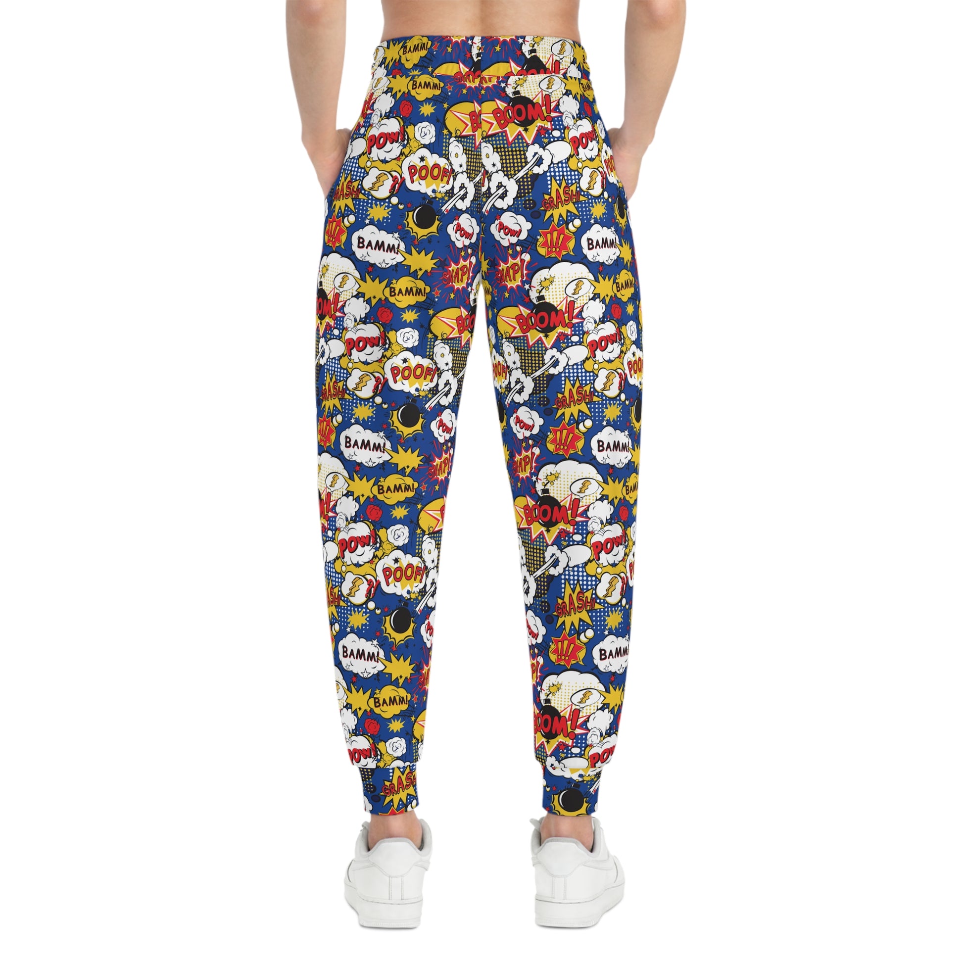 Blue Joggers with Comic Book Effects Design Woman Back