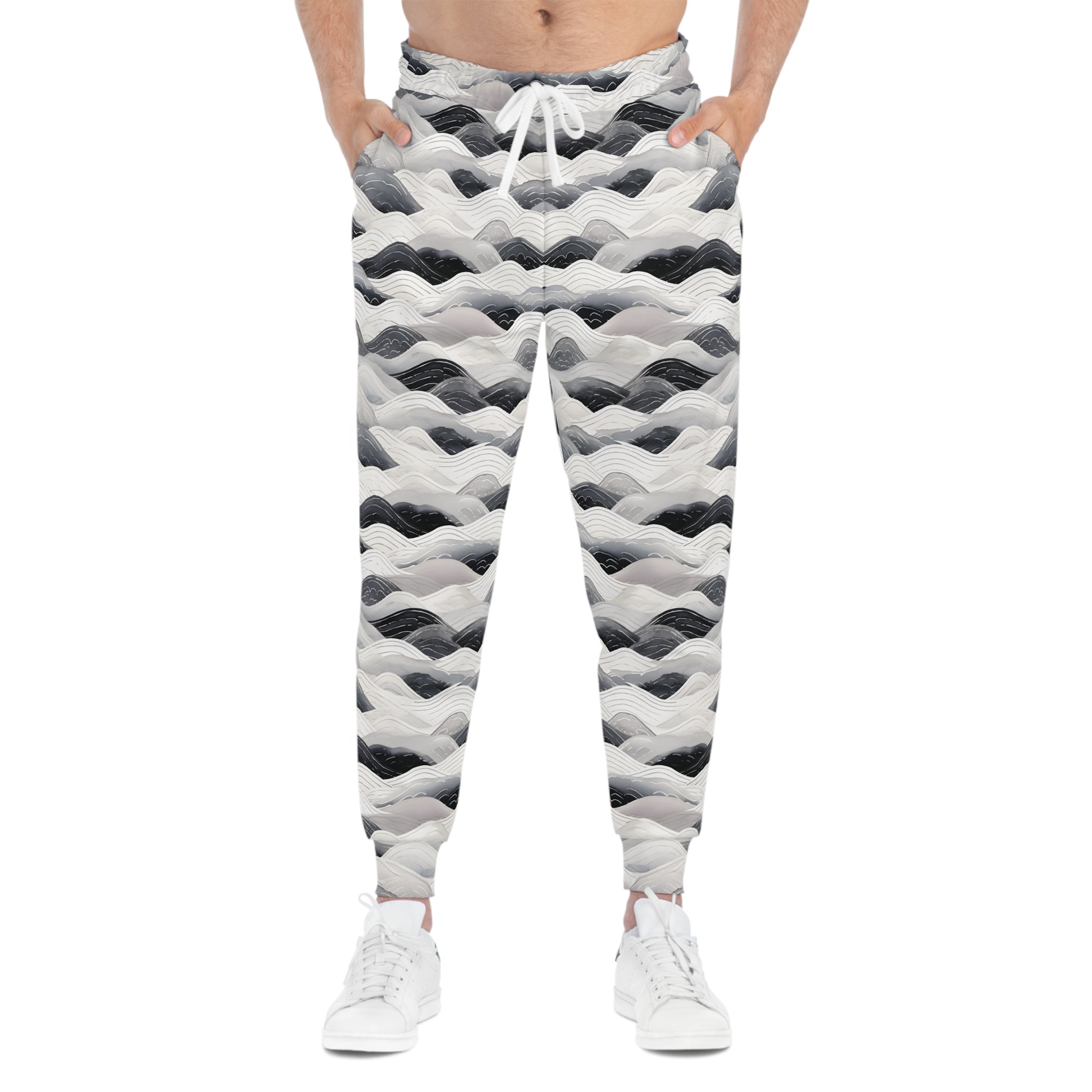 Black and White Joggers with Ocean Waves Pattern Man Front