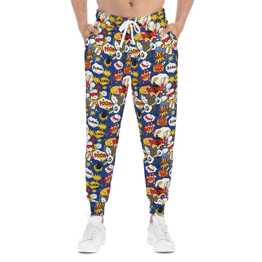 Blue Joggers with Comic Book Effects Design Man Front