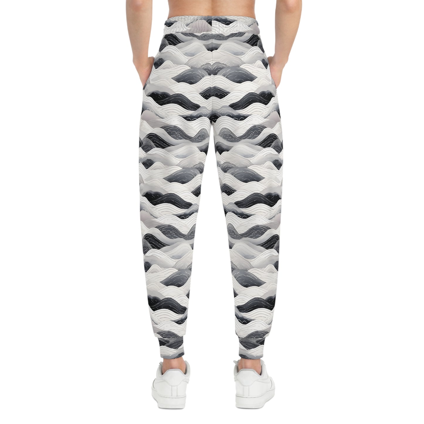 Black and White Joggers with Ocean Waves Pattern Woman Back