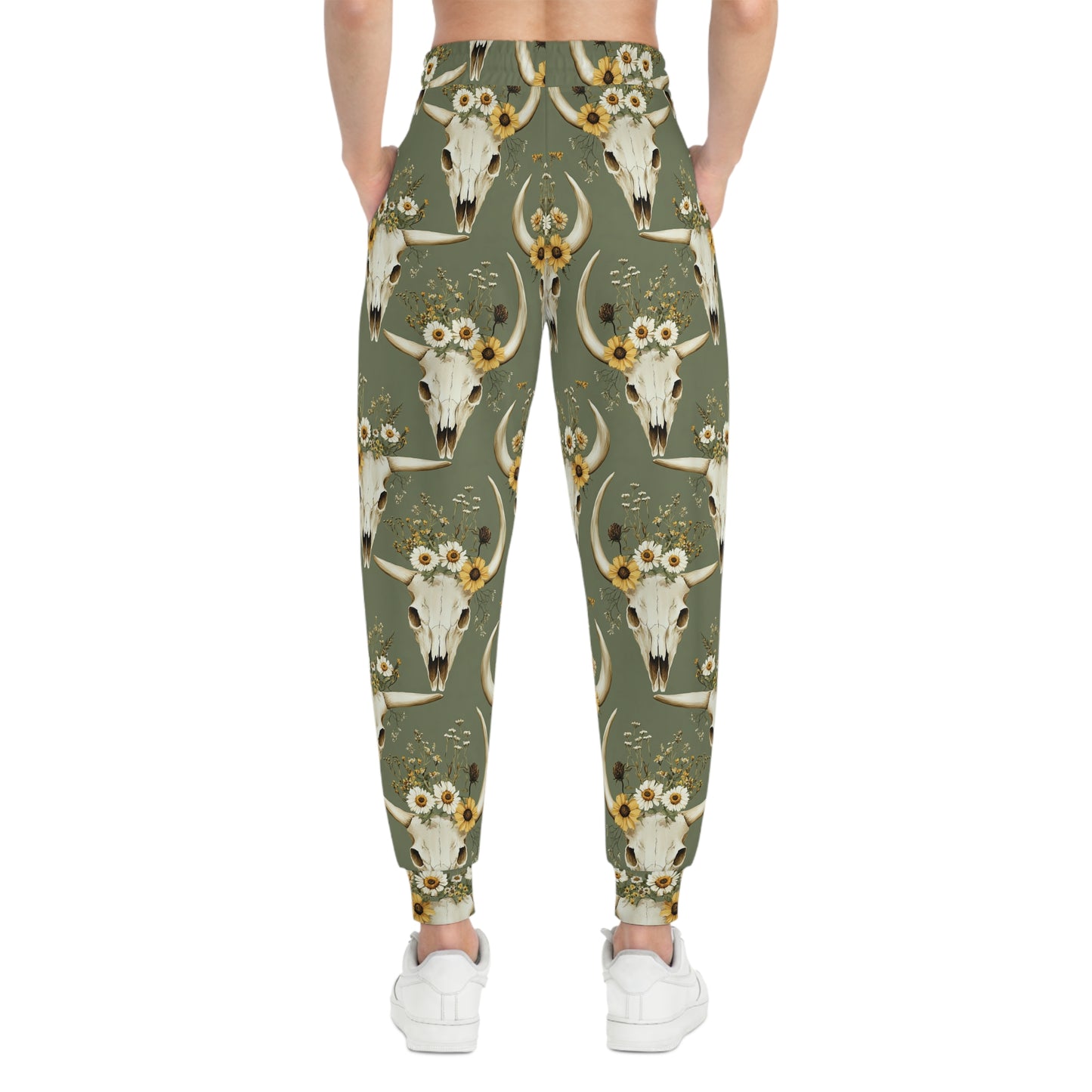 Khaki Green Joggers with Flower-Decorated Bull Skull Woman Back