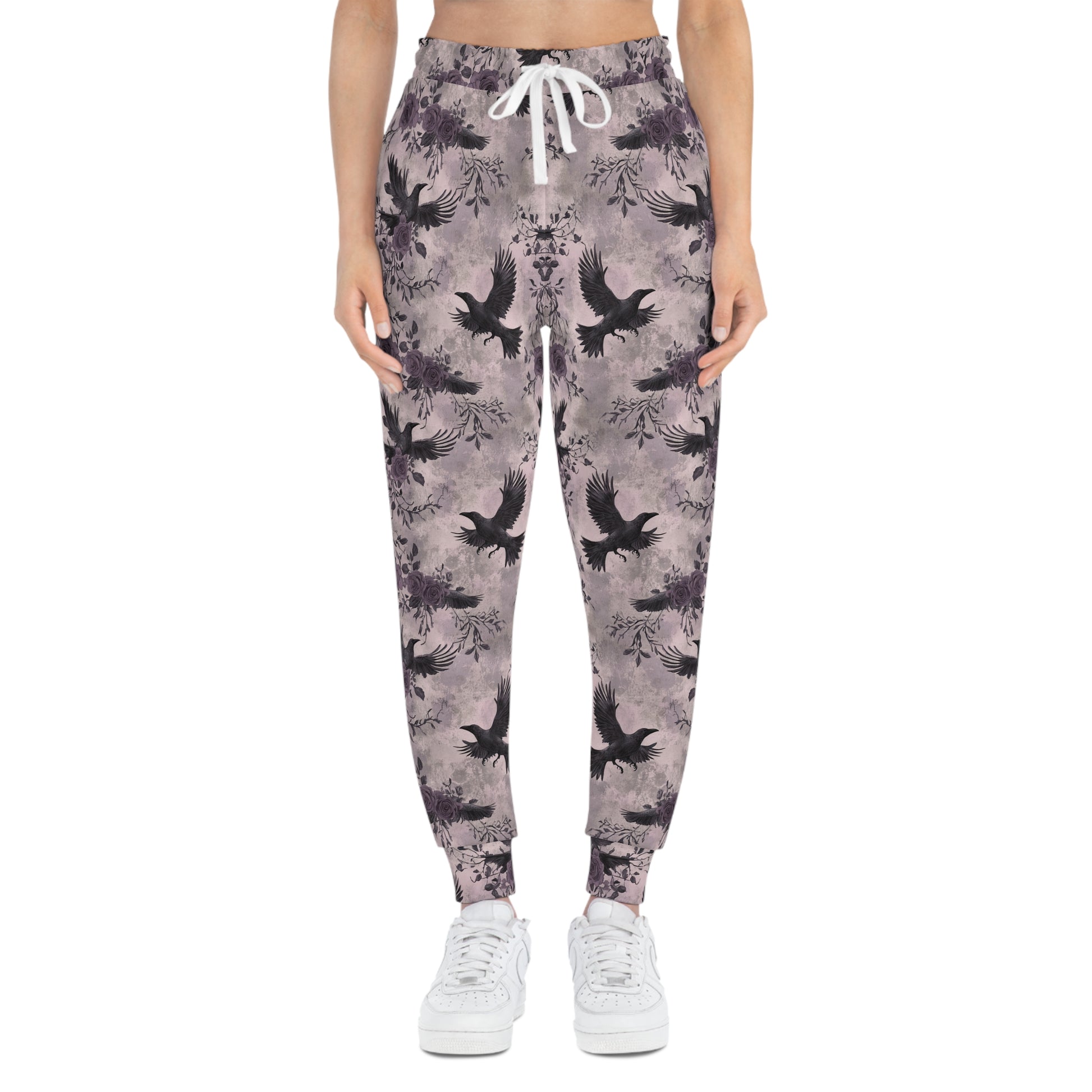 Light Purple Gothic Joggers with Flying Crows Design Woman Front