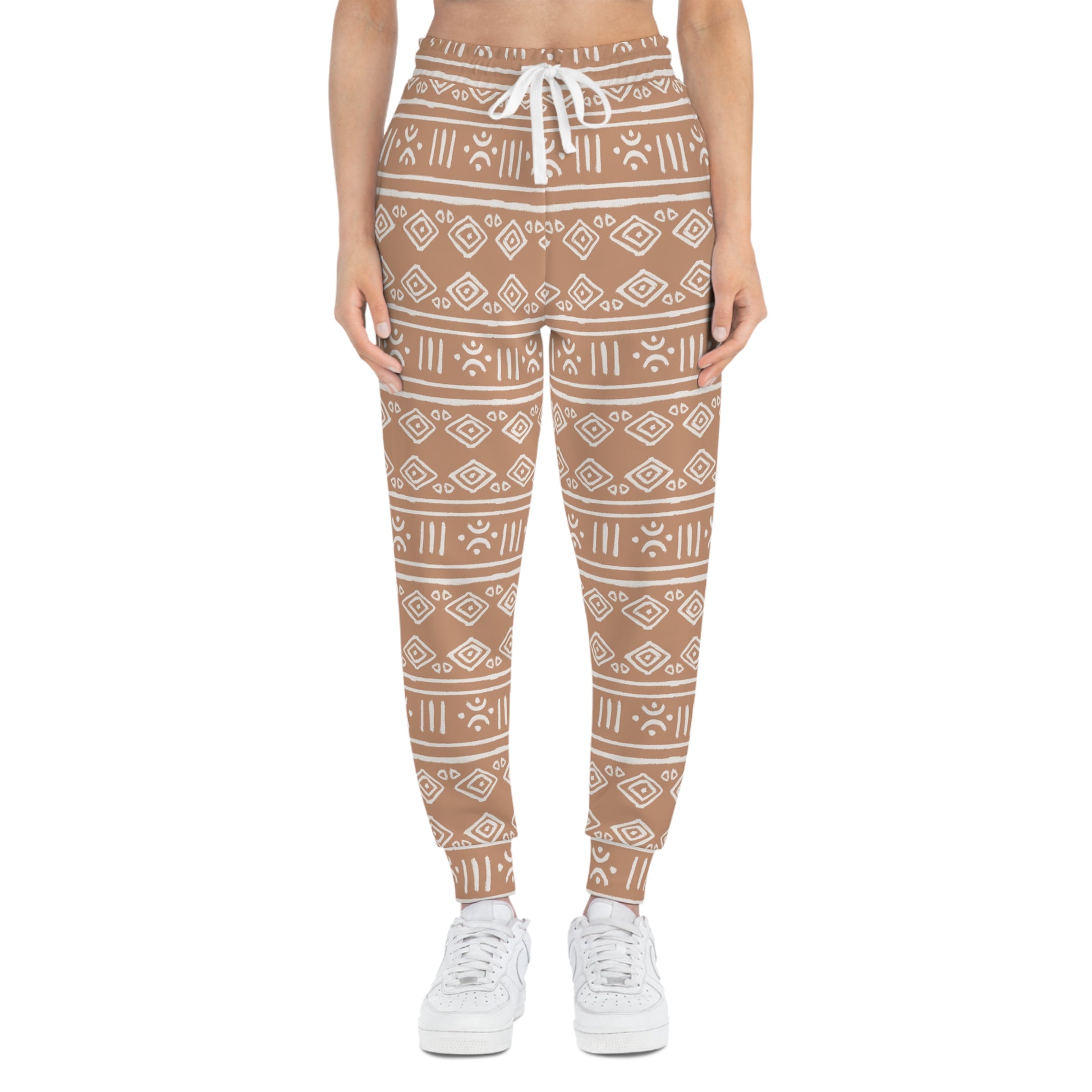 Brown Joggers with African Tribal Symbol Design Woman Front