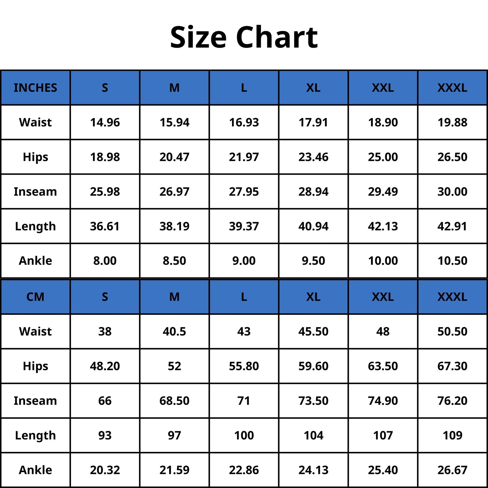 Joggers size chart